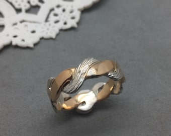 Anel de ouro amarelo 14K sólido e prata esterlina com faixa trançada tamanho 6 3/4 feito à mão 6 mm