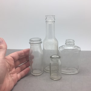 Vintage Glass Bottle Grouping Lot 4 Clear Small Mudlark Dug Find Collection or Plant Propagation Rooting Station 2&quot; 4&quot; 7&quot;