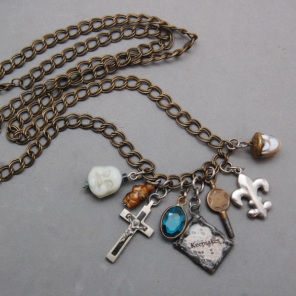 Memories Assemblage Necklace 32" Bronze Tone Chain w/ 8 Charm Jade Buddha, Tigerseye Willendorf Venus, Cross, Clock Key, Glass Acorn OOAK