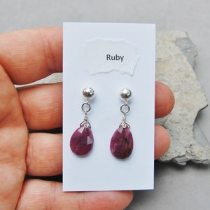 Genuine Ruby Earrings Teardrop Faceted Sterling Silver 1 1/4" Post & Nut Pierced Dangle 1" drop July Birthstone