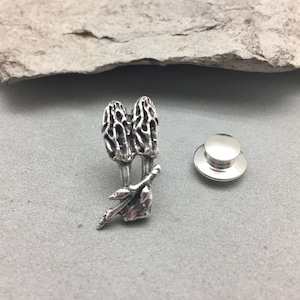 Sterling Silver Double / Twins Morel Mushroom Pin 7/8&quot; Hand Crafted Hat / Lapel / Tie Tack