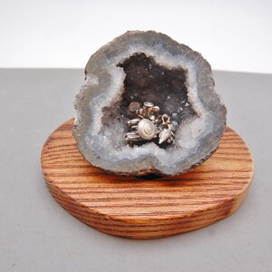 Arrowhead, Mushrooms & Snail in Geode Sculpture Sterling Silver Hand Made OOAK Casting Art Oak Base 3 1/2&quot; tall x 5 1/4&quot; x 3 3/4&quot;