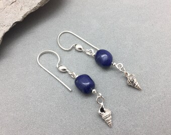 Deep Blue Lapis Lazuli Nugget Earrings Sterling Silver Sea Shell Dangle 2" x 1 1/4" Drop Handmade December Birthstone