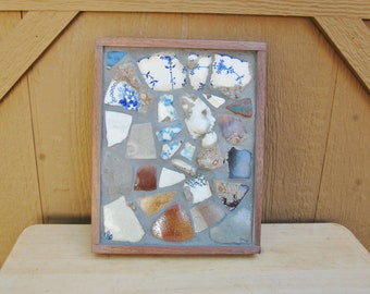 Mosaic Collage Wall Art Found Object Ceramic Pieces, Crockery, Doll Head "OOPS!" 10" x 8" x 1 1/4" Walnut Wood Frame OOAK Hand Made