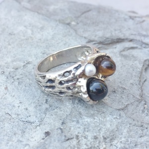 Three Sphere Gemstone Ring Sterling Silver Black Onyx, Tigerseye & Pearl Size 6 3/4 Hand Made OOAK Textured Organic Free-form