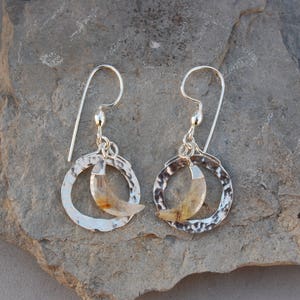 Rutilated Quartz Crescent Moon Hammered Hoop Sterling Silver Dangle Earrings