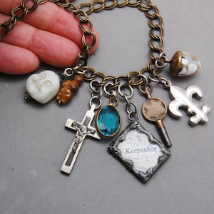 Memories Assemblage Necklace 32&quot; Bronze Tone Chain w/ 8 Charm Jade Buddha, Tigerseye Willendorf Venus, Cross, Clock Key, Glass Acorn OOAK