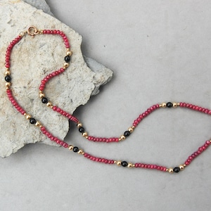 Genuine Ruby Bead Necklace 20&quot; Black Onyx & Gold Fill Accent 3-4 mm Roundel/ Round July Birthstone