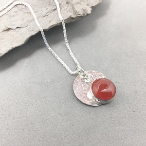 Sun Circle Carnelian Red Agate Pendant Sterling Silver Hammer Forged 1" Swings Pendulum Gemstone Hand Made