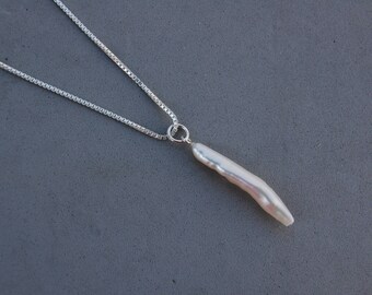 Icicle Pearl Pendant Genuine Long Thin 1 3/8" Sterling Silver 18" Box Chain