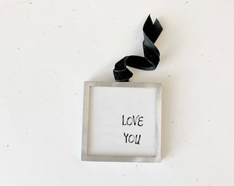 Theme: LOVE YOU, Black Velvet Ribbon. Double Sided Photo Ornament. Personalized Gift. Pewter Frame. Remembrance. Memorial. Valentines Day.