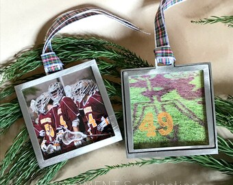 Custom: SPORTS Photo Ornament. Double Sided Frame. Pewter. Photo Editing. Ribbon. Personalized Gift. Team Sports Fans. Senior Gifts. Coach.