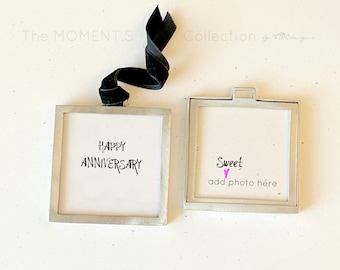 Themed: HAPPY ANNIVERSARY. Black Velvet Ribbon. Double Sided Photo Frame. Personalized Gift. Add Photo. Pewter. Interchangeable. Timeless.
