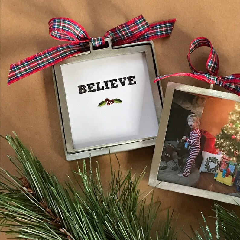 Custom CHRISTMAS Photo Ornament. Double Sided Frame. Artisan Pewter
