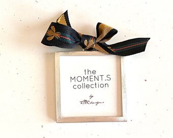 DIY: Bumble Bee Designer Ribbon. Double Sided Photo Ornament. Black, Red, Green, Gold Stripe Ribbon. Personalized Gifts. Pewter Frame. Queen