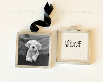 Theme: WOOF. Black Velvet Ribbon. Double Sided Photo Frame Ornament. Pewter. Classic. Send Joy. Dog Lovers, Pets. Gifts. Just Add Photos!