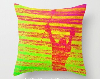 LACROSSE PLAYER 16" X 16" Pillow/Insert. Photo Art by TMCdesigns. Green, Yellow, Orange, Pink. Funky. Sports. Athletic. Teens. Victory.