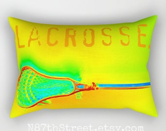 LACROSSE. 12" X 17" Rectangular Pillow & Insert. Photo Art, TMCdesigns. Yellow, Orange, Green, Blue. Sports. Athletic. Customizable. Team.