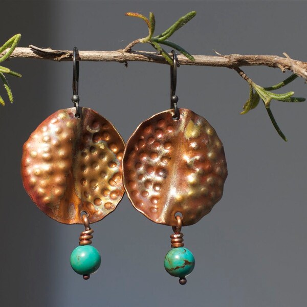 Bohemian earrings Earthy Tribal earrings Rustic copper earrings Boho jewelry Boho earrings Turquoise earrings Patina earrings Tribal jewelry