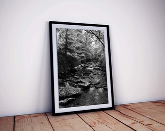 Smoky Mountains River Photography Print, Black and White Landscape