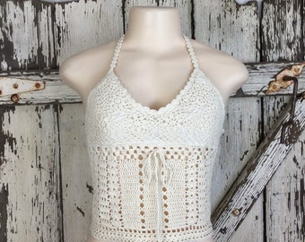 Vintage Deadstock 90s Light Brown Tan Taupe Beige Festival Crochet Sheer Mesh Beaded 3-D Flower Cotton Crop Tie Halter Top One Size