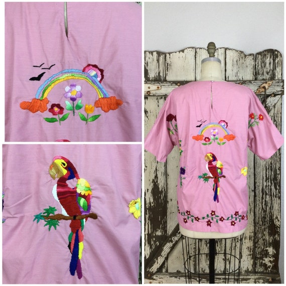 Vintage 1970s Pink Cotton Embroidered Rainbow Par… - image 1