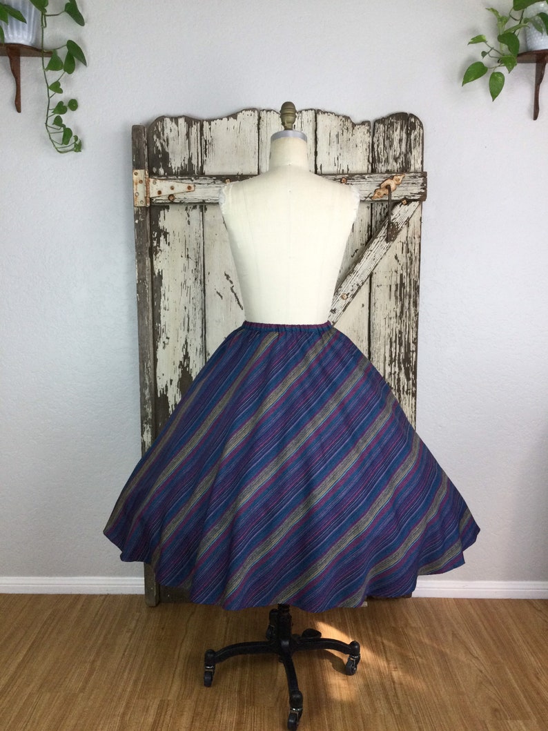Vintage 70s 1950s Style Blue Pink Yellow and Red Striped Skirt Aline Full Size 12 Small Medium