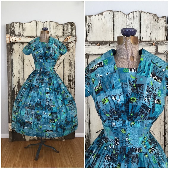 Vintage 1950s Black and Blue Cotton Novelty Print