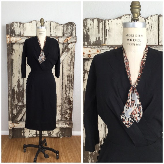 Vintage 1940s Black Rayon Crepe Fitted Dress with