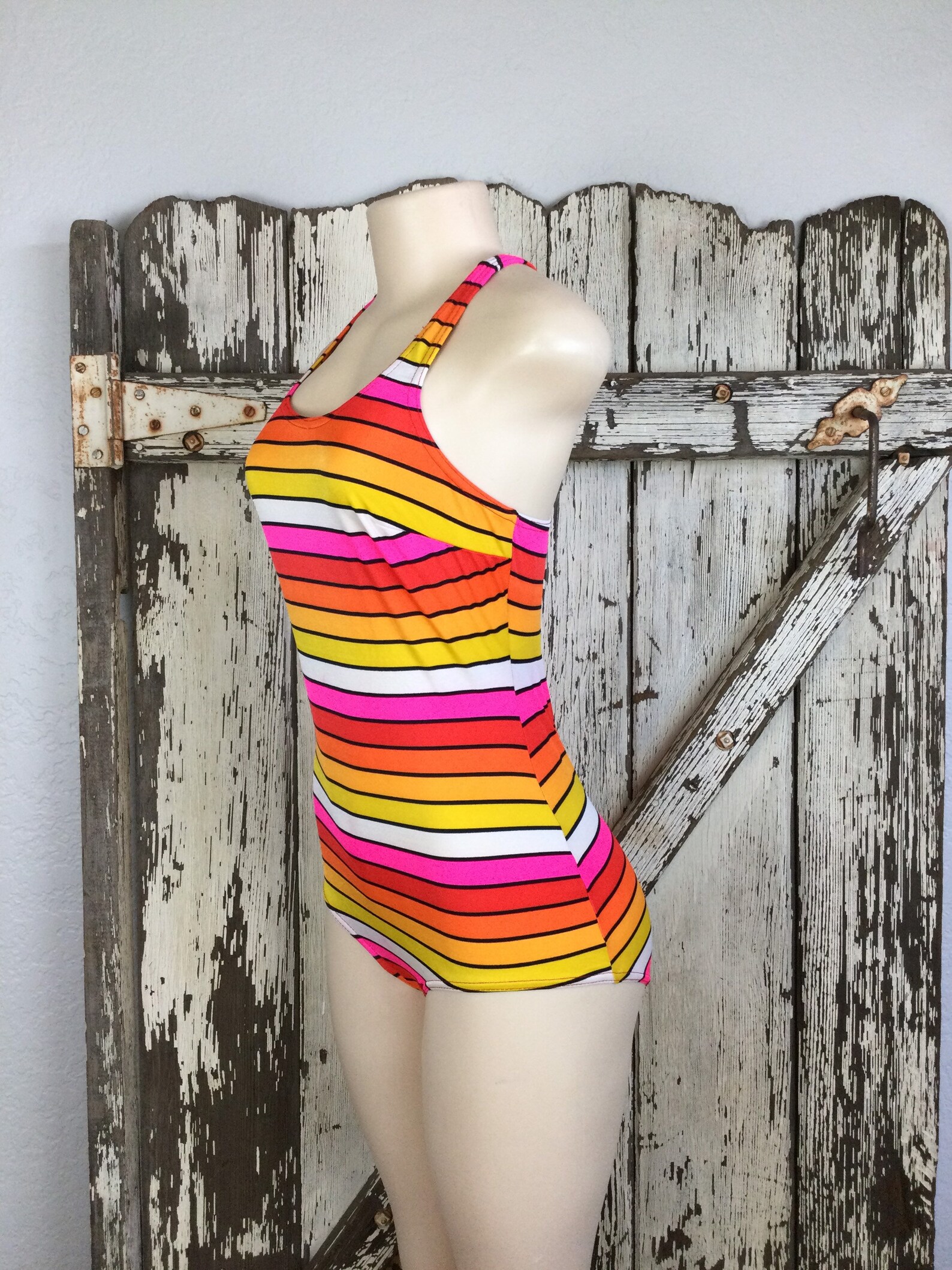 Vintage 1960s Jcpenneys Neon Striped One Piece Swimsuit Size Etsy