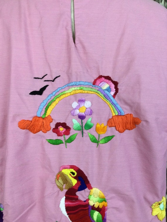 Vintage 1970s Pink Cotton Embroidered Rainbow Par… - image 2