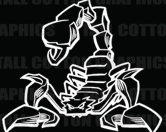 May include: A white silhouette of a scorpion with a menacing expression. The scorpion is facing forward with its tail curled up and its claws extended. The image is set against a black background.