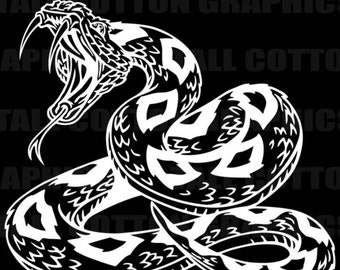 May include: A white silhouette of a coiled rattlesnake with a detailed pattern on its body. The snake is facing left with its mouth open and fangs visible. The image is on a black background.
