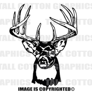 May include: Black and white silhouette of a deer head with large antlers. The deer is facing forward with its head tilted slightly down. The image is a simple, graphic design.
