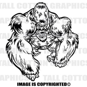 May include: Black and white line art illustration of a gorilla with a fierce expression. The gorilla is standing with its arms crossed and its chest puffed out.