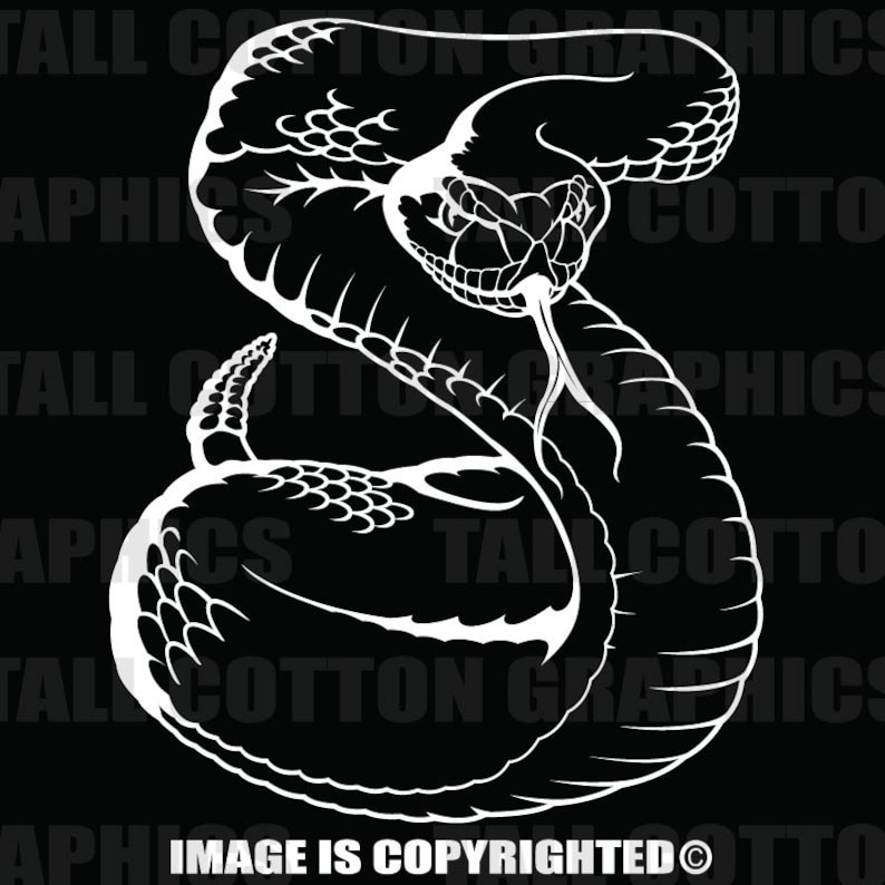 May include: A white silhouette of a coiled rattlesnake with its fangs bared. The snake is facing the right side of the image. The background is black.