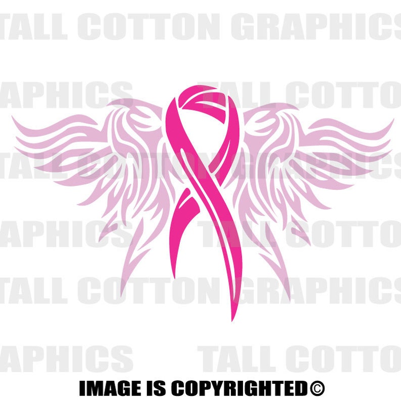May include: Pink ribbon with stylized wings, a symbol of breast cancer awareness. The ribbon is tied in a bow and the wings are a light pink color.