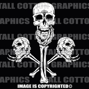 May include: Three white skull and crossbones designs on a black background. The skulls are stylized and have a menacing look. The crossbones are formed by the arms of the skulls.
