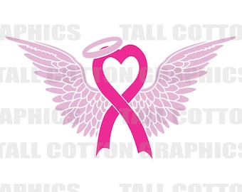 Angel Wings with Halo Hot pink Ribbon Breast Cancer Awareness Vinyl Decal  #BC007