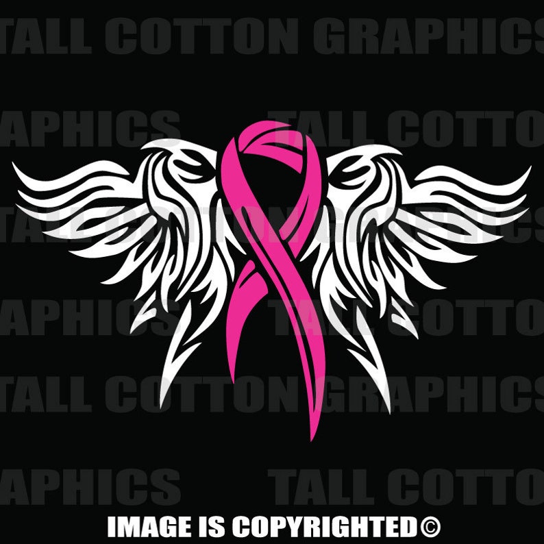 May include: Pink ribbon with white wings, a symbol of breast cancer awareness.