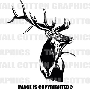 May include: Black and white silhouette of an elk's head with large antlers. The elk is facing to the right and looking up. The image is on a white background.