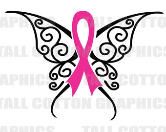 Butterfly Hot pink Ribbon Breast Cancer Awareness Vinyl Window Decal  #BC0002