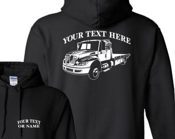 INTERNATIONAL 4300 Tow Wrecker Flatbed Rollback Truck- Personalized Custom Hooded Sweatshirt - #HTR010