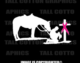 COWBOY PRAYING at Cross with RIBBON, For Love One Lost to Cancer, disease or Depression Vinyl Decal #BC019