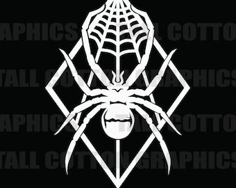 May include: White graphic of a spider with a web design, set within a diamond shape, against a black background. The text "IMAGE IS COPYRIGHTED" is at the bottom. The design is from Tall Cotton Graphics.
