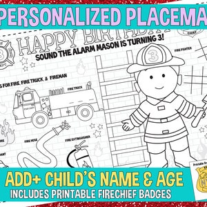 PERSONALIZED FIRE FIGHTER-Kids activity placemat- Digital file only