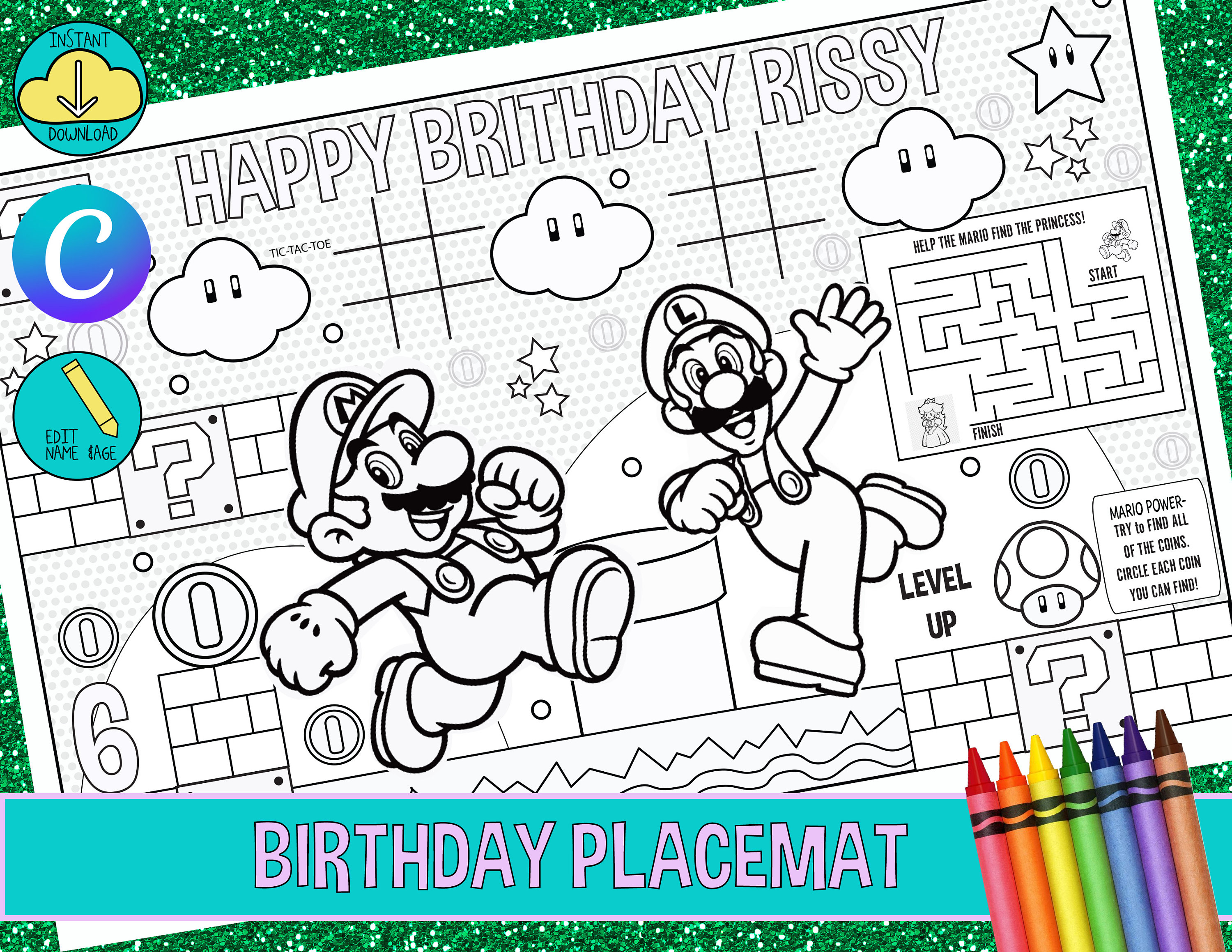 EDITABLE-Super Mario-Kids activity placemat- Digital file only