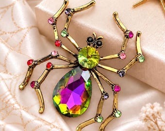 Multicolor Crystal Spider Brooch, Large Gold Rhinestone Lapel Pin, Halloween Jewelry