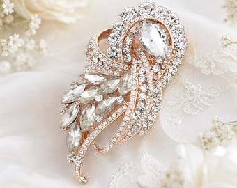 Rose Gold Art Deco Crystal Rhinestone Brooch: Bridal Dress Pin