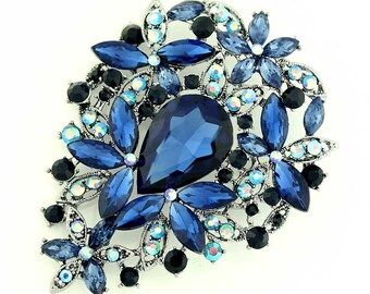 Small Navy Blue Rhinestone Embellishment or Pin Silver Tone Rhinestone Wreath Sash Decoration Brooch SBL49